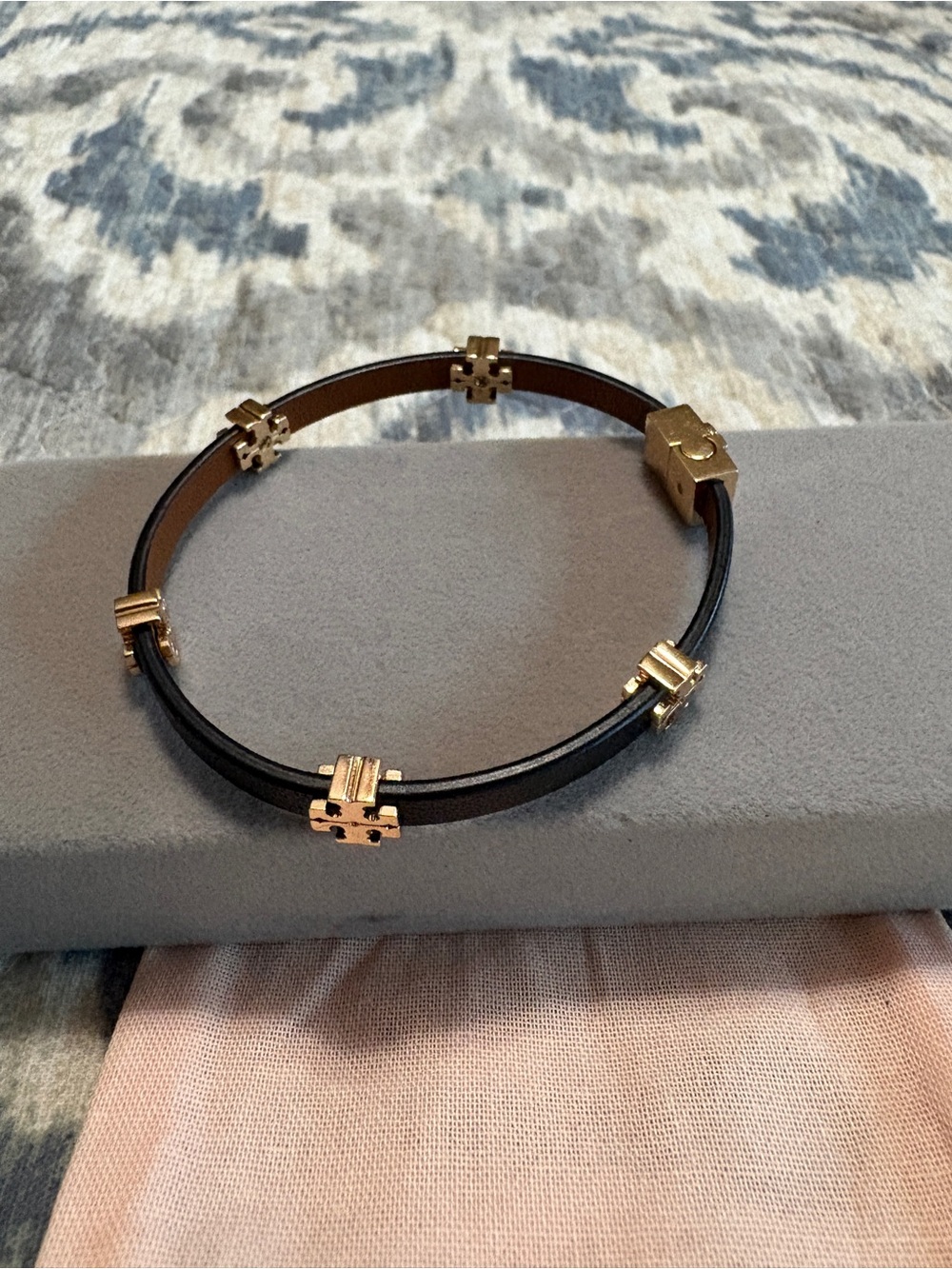 Tory Burch Gold Accent Black Leather Bracelet.